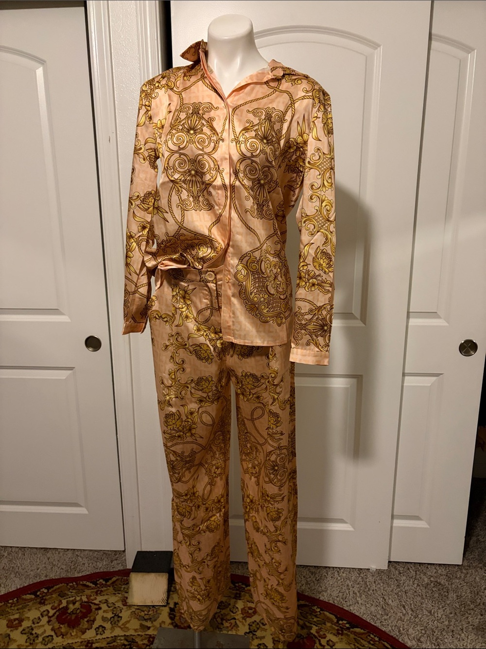 Louis Feraud Pink and Gold Paisley Satin style pants suit